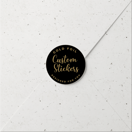 Custom sluitsticker met goudfolie - rond zwart